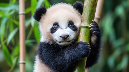Fototapeta premium Adorable baby panda clinging to bamboo in a serene environment