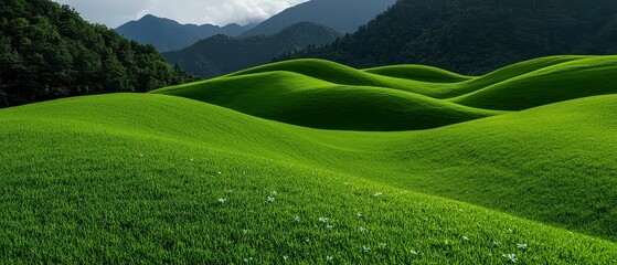 Undulating Green Hills Panorama under Overcast Sky Peaceful Rolling Fields Lush Meadow Tranquil Vistas