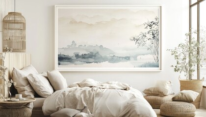 Japandi-inspired bedroom with neutral tones and white frame.