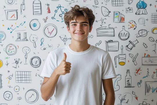Happy Teen Showing Thumbs Up Science Background, realistic photography background