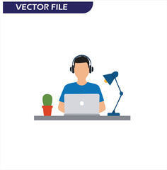 Fototapeta premium Person with Headphones Working on Laptop with Cactus and Lamp