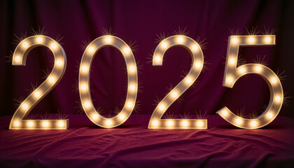 Illuminated &ldquo;2025&rdquo; digits created with warm fairy lights on deep plum velvet background
