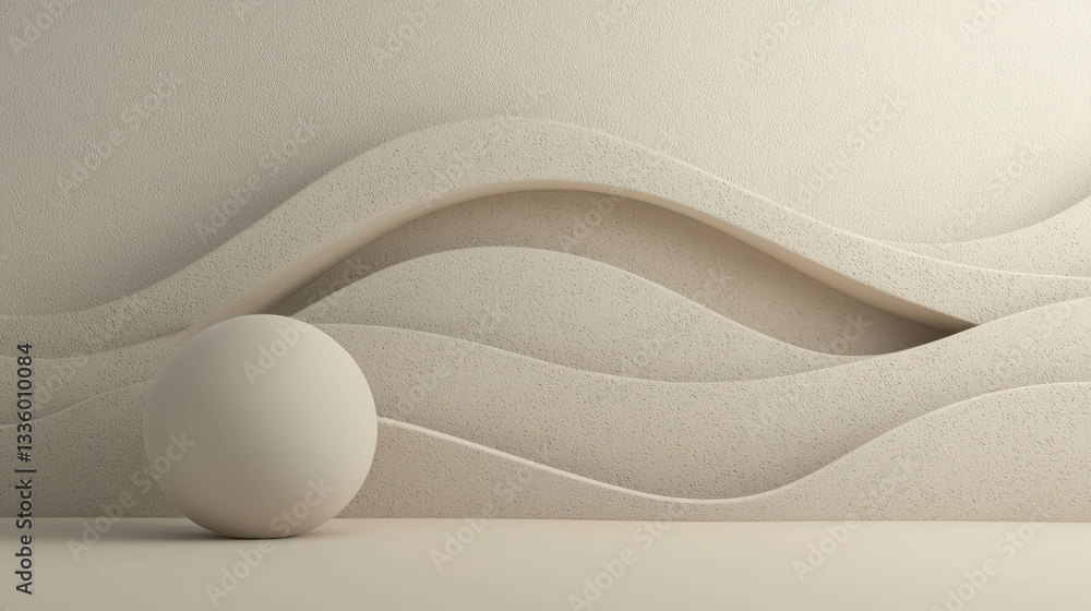 Poster minimalist abstract composition with wave patterns and a sphere featuring soft neutral tones