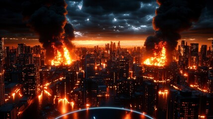 Obraz premium Urban Apocalypse Devastation of Cityscape with Inferno and Black Smoke Destruction Amid Dark Skyline