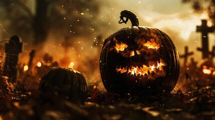 Pumpkin zombie rising out of a graveyard cemetery.