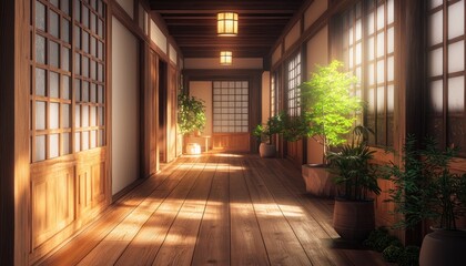 Japandi-inspired hallway with warm wood and calming details.