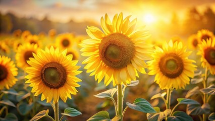 Fototapeta premium Bright yellow sunflowers stand tall in soft morning light with gentle warm glow illuminating their petals and creating a serene atmosphere, sunlight, golden hues
