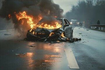 car accident on the road with fire