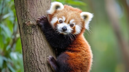 Obraz premium Adorable red panda climbing a tree in lush green forest environment