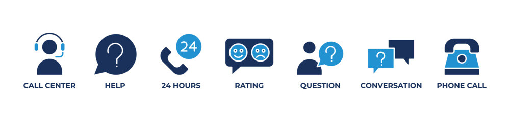 24-Hour Call Center Icons set vector illustration with Call center, Help, 24 hours, Rating, Question, Conversation, Phone call
