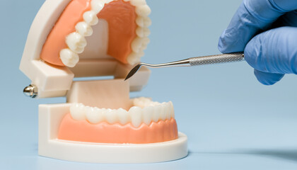 dental model showing human teeth with a gloved hand holding a dental tool, used for hygiene and education