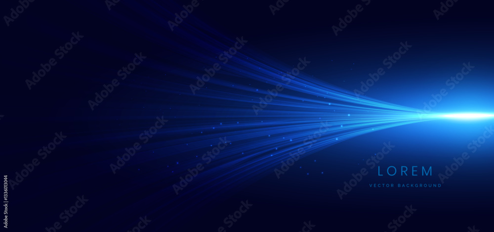 Poster blue glowing ray curved lines on dark background with copy space for text.