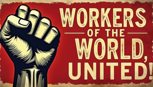 Workers' fists rise powerfully with the slogan "Workers of the World, United!" on a bold red background, symbolizing global solidarity, strength, and labor rights advocacy