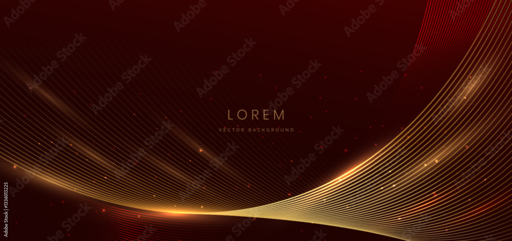 Poster luxury red background with golden wave lines elegant and lighting effect sparkle.