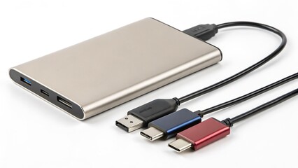 External SSD Drive with a USB-C Cable, Isolated on a White Background, High-Resolution Tech Product Shot capturing high-speed storage technology and minimalist product design.