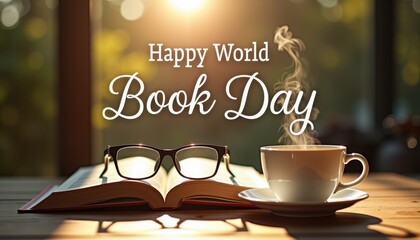 An open book with glasses resting on its pages sits beside a steaming cup of coffee on a wooden table, celebrating "Happy World Book Day" and the joy of reading in a serene setting