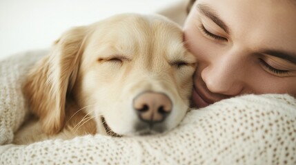 Cozy moment with pet, young person enjoying tender moments with a golden puppy, relaxed indoor setting with warmth.