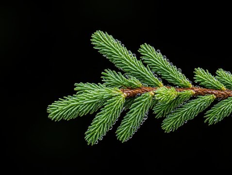 Close-up of a vibrant green pine branch with dew drops against a dark background