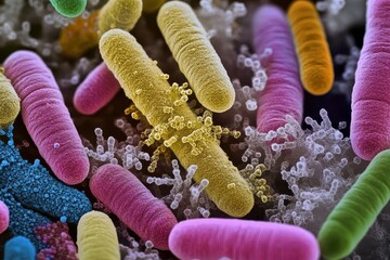 Microscopic view of colorful bacteria rods. Illustrates diverse bacterial life, ideal for microbiology or health concepts.