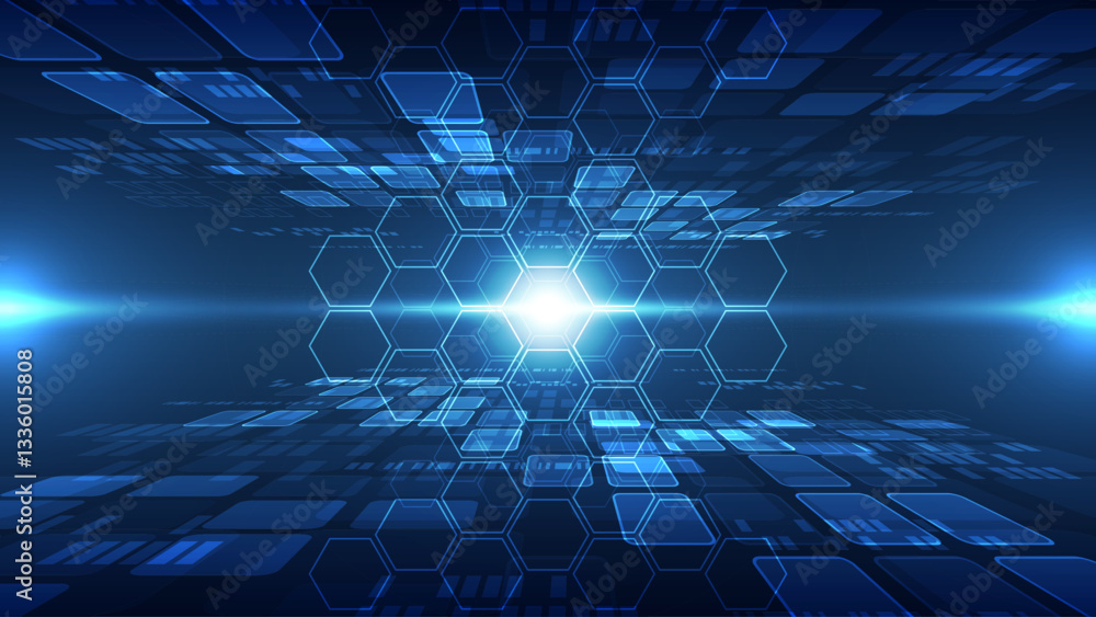 Poster abstract technology background with hexagons and glowing lights. vector illustration.