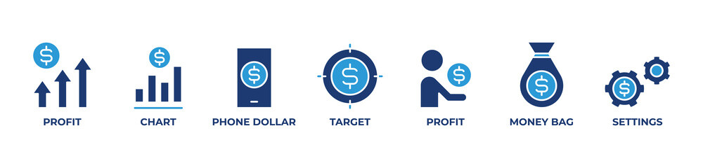 Targeting Profits Icons set vector illustration with Profit, Chart, Phone dollar, Target, Profit, Money bag, Settings