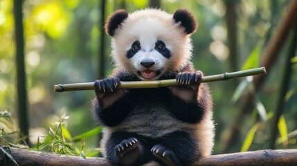 Obraz premium Cute Panda Cub Sitting with Bamboo in Lush Green Environment