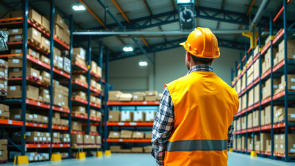 A male worker wearing a hard hat carries boxes while moving back and forth through a retail warehouse filled with shelves. The concept of labor, logistics, and supply chain management. Generative AI.