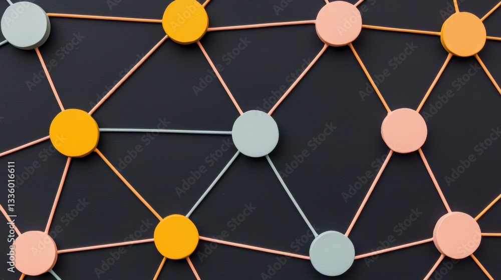 Poster a network of interconnected circles in various colors.