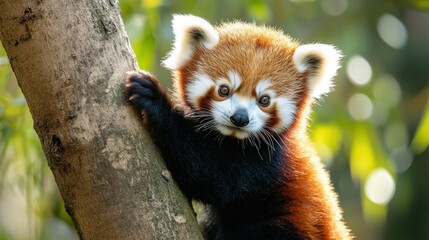 Fototapeta premium Cute Red Panda Climbing a Tree with Soft Focus Background