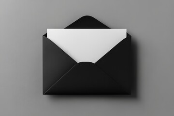Black envelope with a white card inside, top view. Perfect for branding, stationery, or mailing concepts.