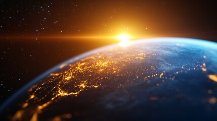 Vibrant sunrise over planet, stunning view of Earth with glowing cities and atmosphere, perfect for environmental themes.