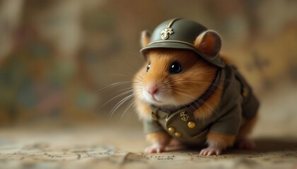 Cute Hamster in Military Uniform Funny Pet Photo