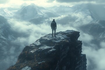 Solitary Hiker on Mountaintop Epic Misty Mountain Landscape