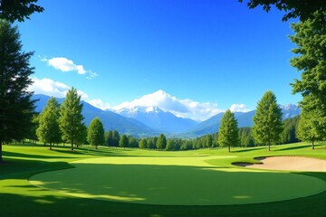 golf course with a green and trees in the background