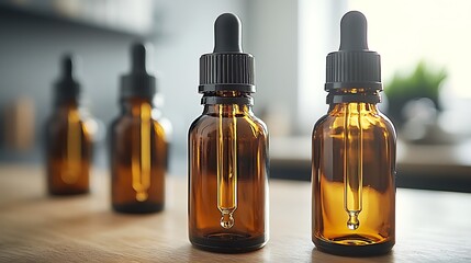 Amber Glass Bottles with Droppers Golden Liquid Wellness Product Photography