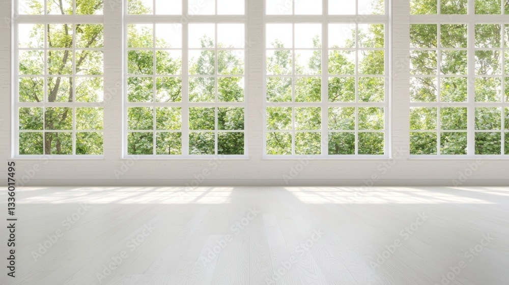 Poster a white room with a large window and a view of trees outside.