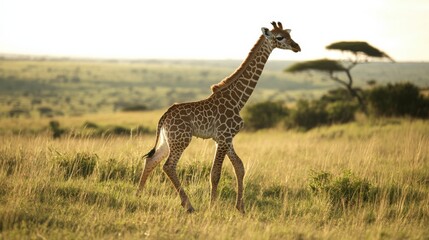 Obraz premium Giraffe Walking Gracefully in African Savannah at Sunrise