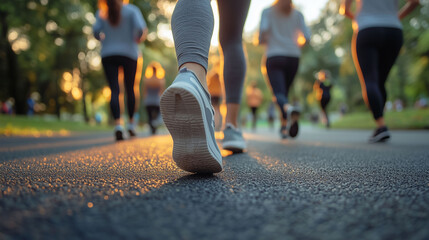 closeup of leg of people exercising walking or jogging in public park garden. Health and fitness  concept