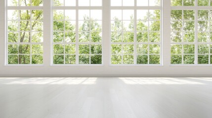 Fototapeta premium A white room with a large window and a view of trees outside.