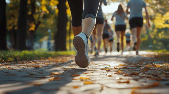 closeup of leg of people exercising walking or jogging in outdoor forest , Health and fitness