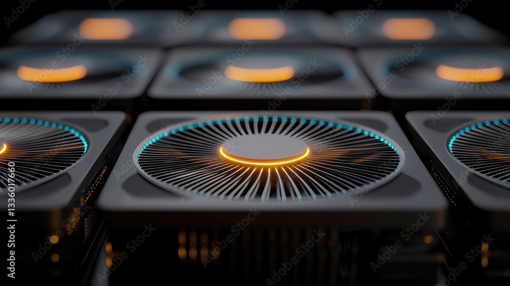Poster a close-up view of a computer cooling system with multiple fans and glowing orange lights.