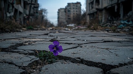 A solitary flower blooms in a desolate and destroyed city