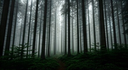 Fototapeta premium A dense foggy forest with ethereal light filtering through the trees.AI