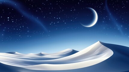 Naklejka premium Serene Night in the Desert: Crescent Moon and Starry Sky Over White Sand Dunes