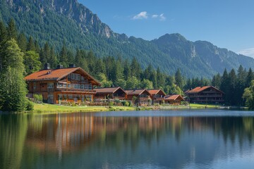 Fototapeta premium Alpine lake houses reflecting in calm water majestic mountain backdrop