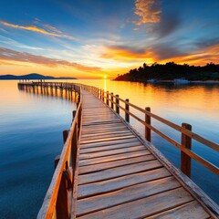 Fototapeta premium Serene Sunset Over Tropical Ocean With Wooden Pier