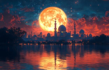 Majestic Mosque Silhouette at Night Dramatic Red Moon Landscape Peaceful Serenity Night Scene Sky   