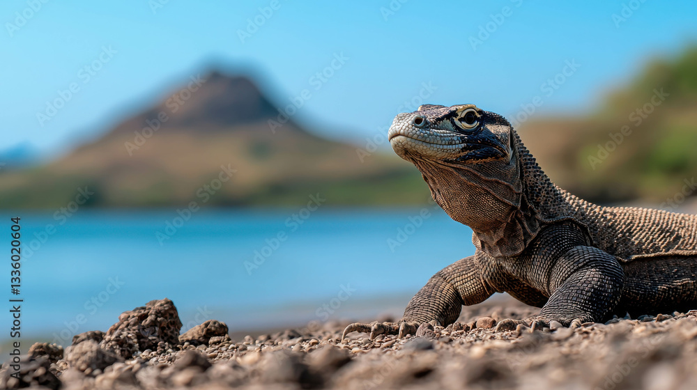 Poster close-up view of a monitor lizard by the water's edge with mountains in background