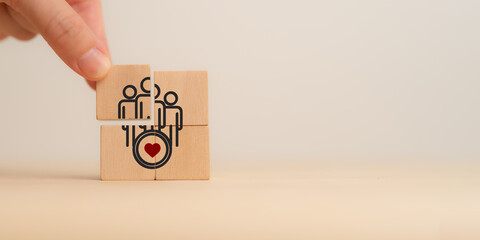 Business trust and success concept. Wooden blocks with trust, teamwork, customer, partner and...