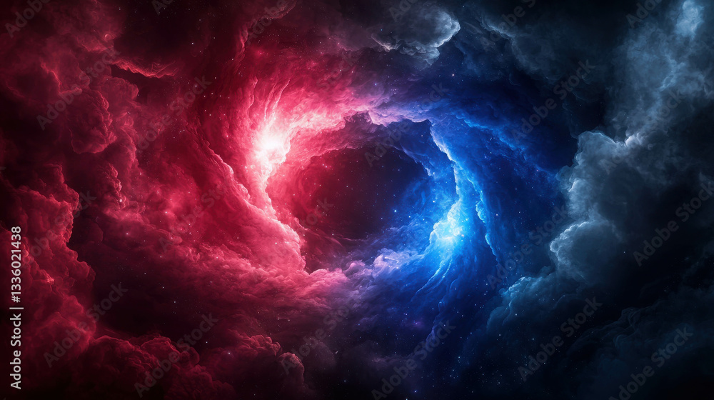 Wall mural vibrant cosmic swirl of red and blue colors in deep space background for creative projects